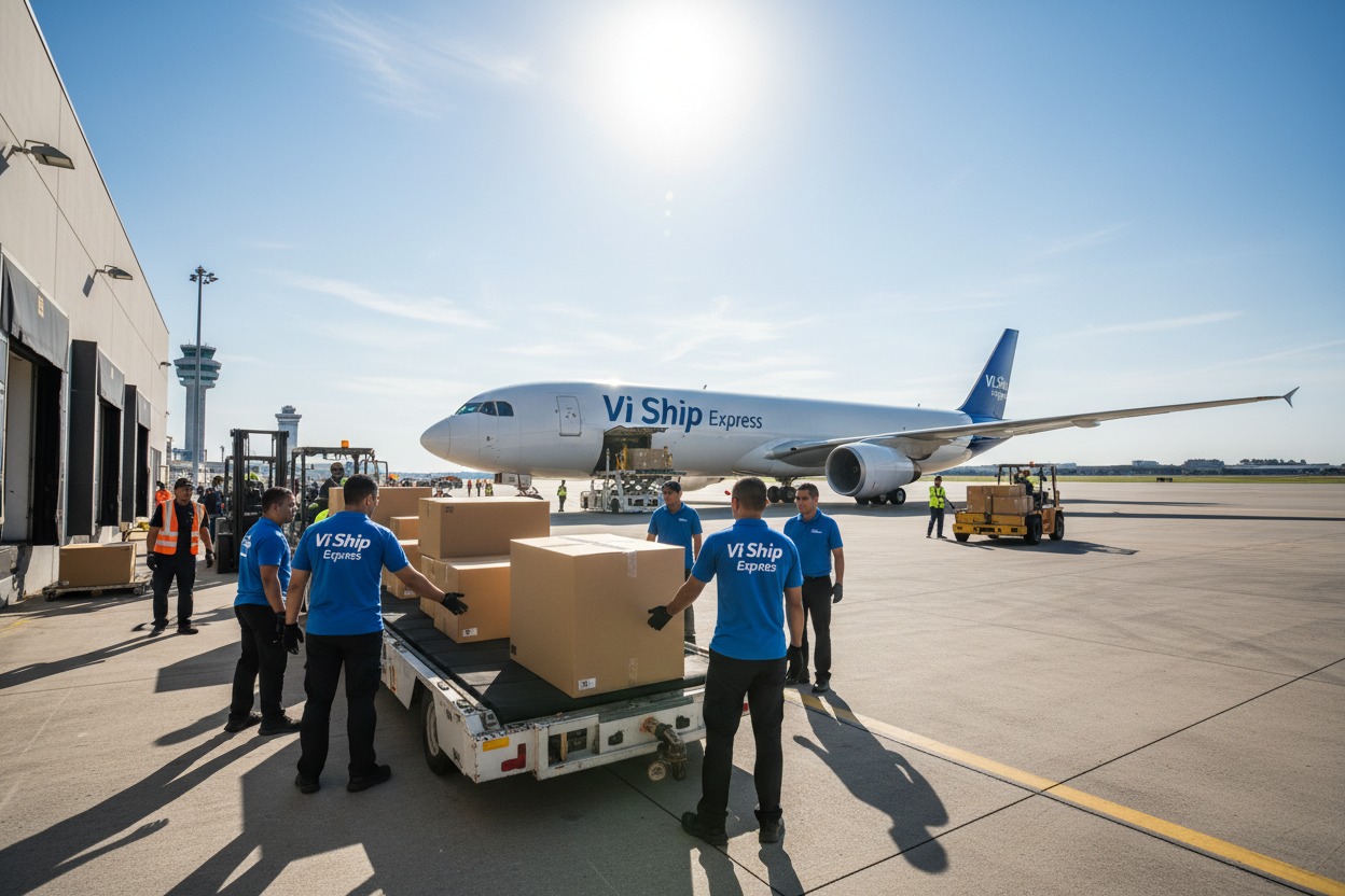 Home Ground crew members in blue uniforms load cardboard boxes onto a transport vehicle on the tarmac near a Vi Ship Express cargo plane.